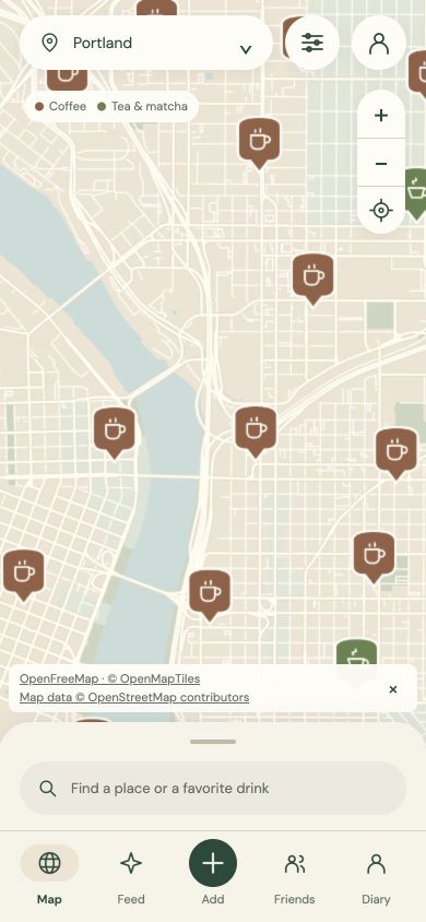 Little Beverages map of Portland with coffee and tea pins, map credits and the bottom navigation.